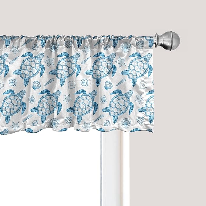 Ambesonne Turtle Window Valance Pack of 2, Subaquatic Animals Illustration Monochrome Sea Turtle and Shells Ocean Elements, Rod Pocket Curtain Valances for Kitchen Bedroom, 42" X 12", Blue and White
