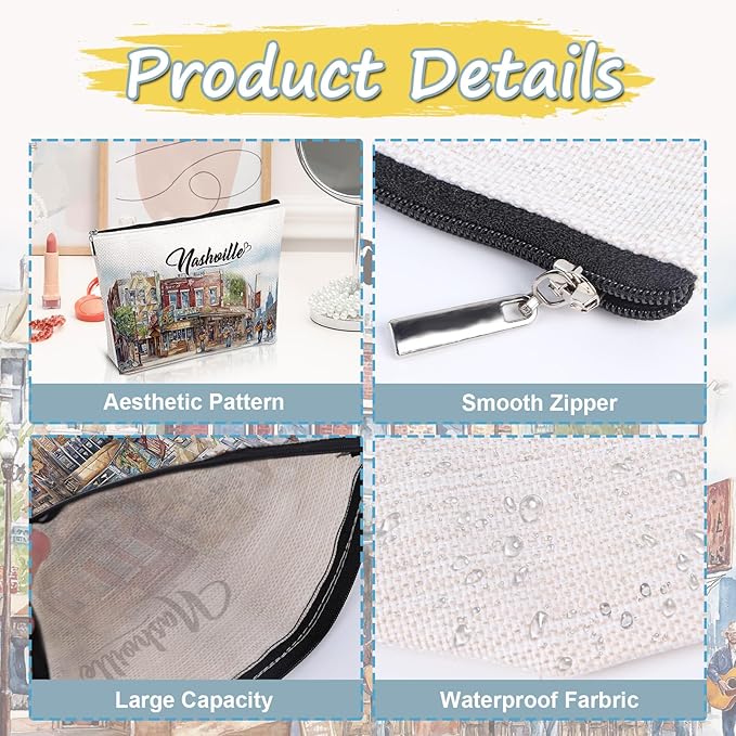 Nashville Travel Gifts Makeup Bag, Watercolor Nashville City Cosmetic Bag, Travel Essentials Souvenir Gifts for Nashville Lovers Travellers Women Girls Birthday Bachelorette Party Favors