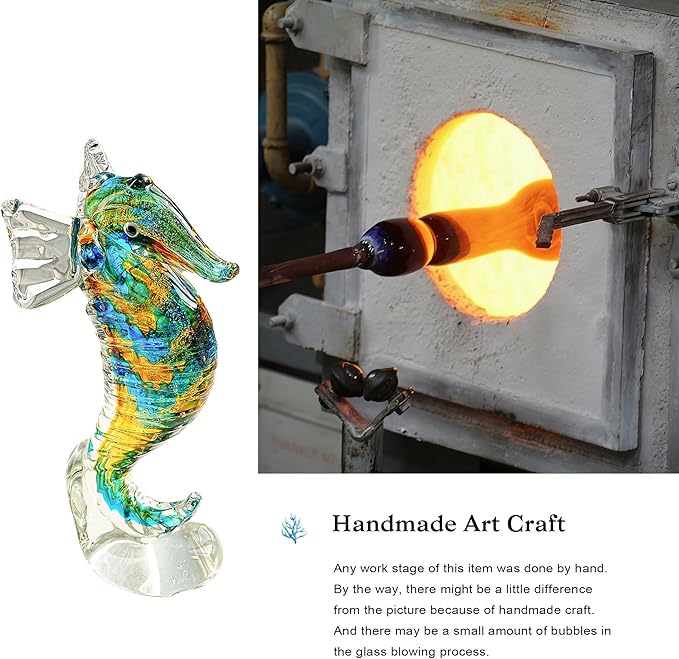 QFkris 8" Handmade Blown Glass Blue Seahorse Figurines Collectible Art Glass Blown Animal Sculpture for Home Decor