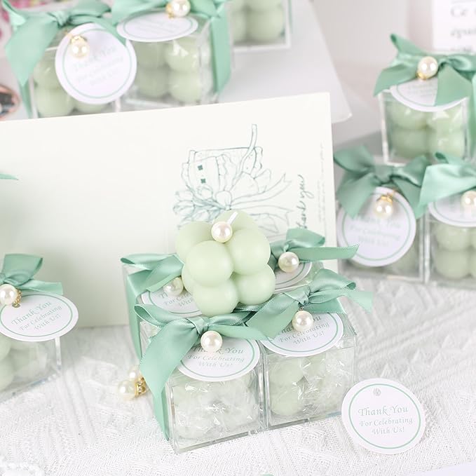 ACITHGL 30 Sets Fully Assembled Small Bubble Candle Party Favors for Guests Bulk Bridal Showers Favors Candles with Stylish Ribbons Thank You Cards Gifts (Green)