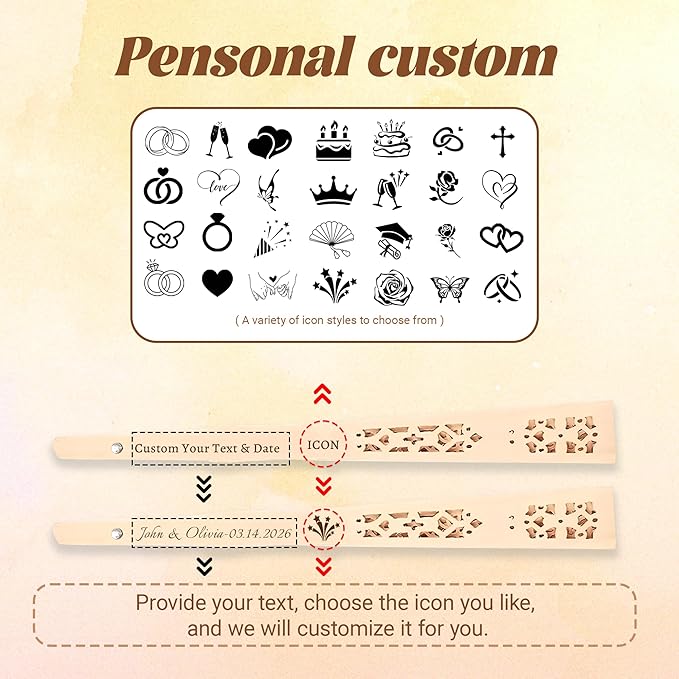 50 Pcs Personalized Sandalwood Wood Handheld Folding Fans with Organza Bags Wedding Fans Custom Name Text Icon Gift for Wedding Graduation Party Guests Baby Shower (50)