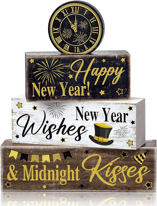 4 Pcs New Year Table Decoration Eve Party Supplies 2026 Gold Black Tiered Tray Decor Happy New Year Centerpiece Rustic Decorative Clock Block Signs Gift for Home Eve Party Decoration