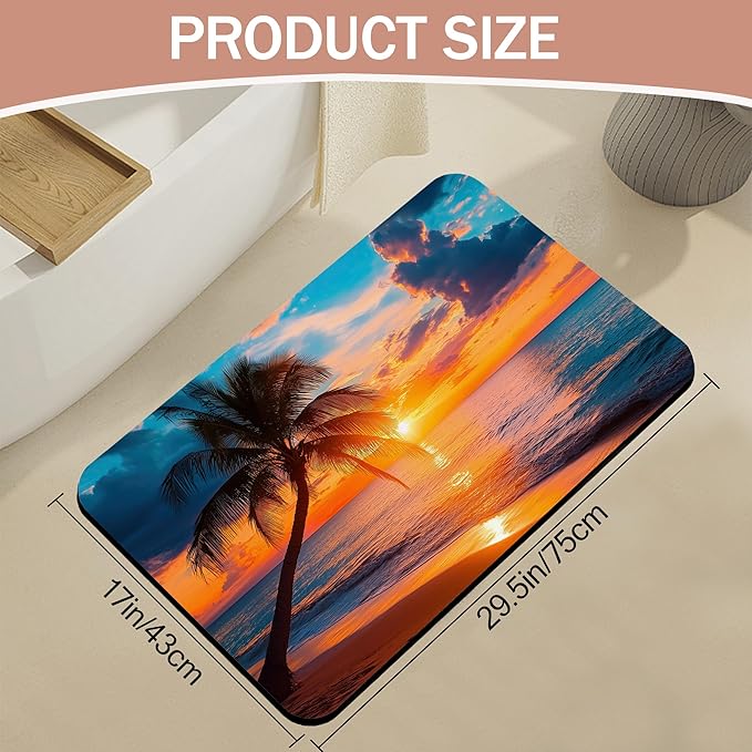 Tropical Palm Bathroom Rugs,Bath Mats for Bathroom,Sunset Sea Beach Low Pile Absorbent Bath Mat,Rubber Backing Non Slip Washable Thin Quick Dry Door Mat 17x29.5 Inch