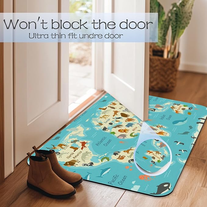 World Map with Animals AST Drying Absorbent Bathroom Mat, Non-Slip Rubber Backing Thin Low-Profile Bath Rug, Easy-Clean Bathroom Floor Mat for Shower, Bathtub, Kitchen, or Entryway