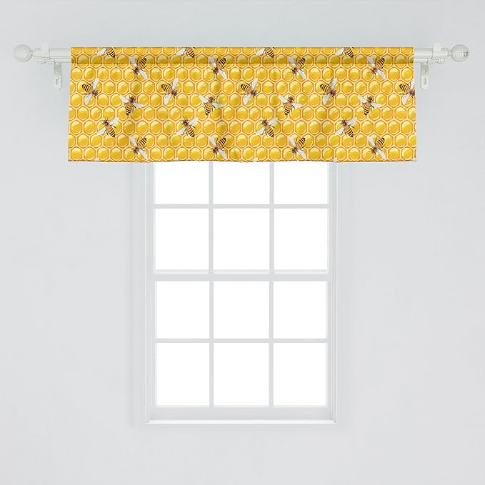 Ambesonne Bee Window Valance, Honeybees Working on Honeycomb Hard Worker Insects Illustration Print, Curtain Valance for Kitchen Bedroom Decor with Rod Pocket, 42" x 18", Orange Apricot