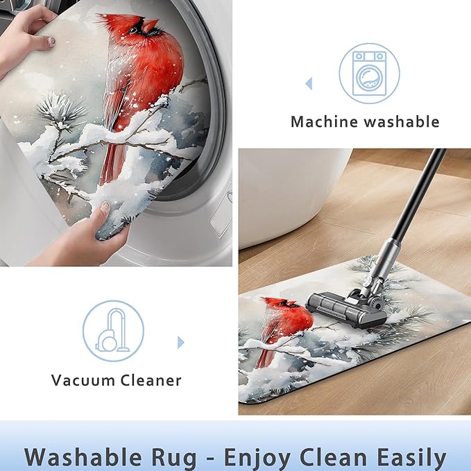 Cardinal Bird Bathroom Rug 29.5"x17", Winter Flowers Quick-Drying Super Absorbent Diatomite Bath Mat with Non-Slip Backing, Thin Washable Bathroom Floor Mat Fits Under Door for Shower, Sink, or Tub