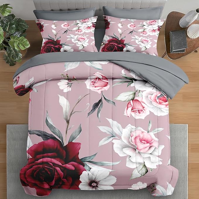 Comforter Set Full Size, Rose Leaves 7 Pcs Bedding for Kids and Adults, Painting Floral Vintage Bed Sheet Sets with Fitted Sheet 2 Pillowcases & 2 Shams for Bedroom Bed Decor