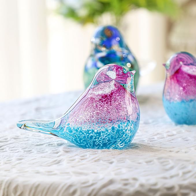 5.5" Hand Blown Glass Blue Bird Figurine Glass Pink and Blue Birds of Happiness Statue Crystal Animal Sculpture Decorative Ornaments for Home Decoration,Birthday Present,Women Gift for Christmas