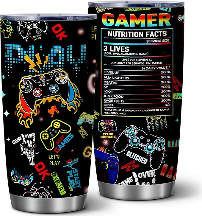 ATHAND Gaming Mugs,20 Oz Gamer Gifts Insulated Stainless Steel Iced Coffee Tumbler with Lid,Funny Travel Coffee Mug Cup,Christmas Birthday Gifts for Men,Gamer,Boys,Husband,Boyfriend,1 Pcs