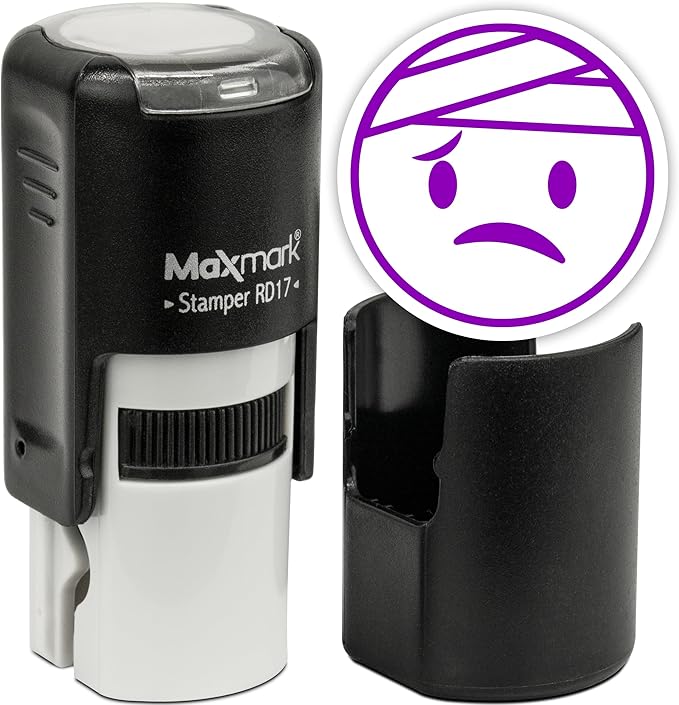 MaxMark Round Self Inking Emoji Stamp - Sick - Purple Ink