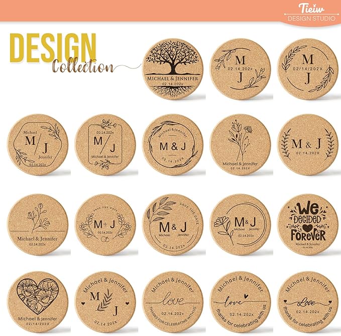 Personalized Cork Coasters - Custom Engraved Wedding Favor,Natural Round Drink Coasters, Bulk Guest Gifts, Bridal Shower,Party,Reception and Anniversary Gift Decor - Set of 25-300pcs