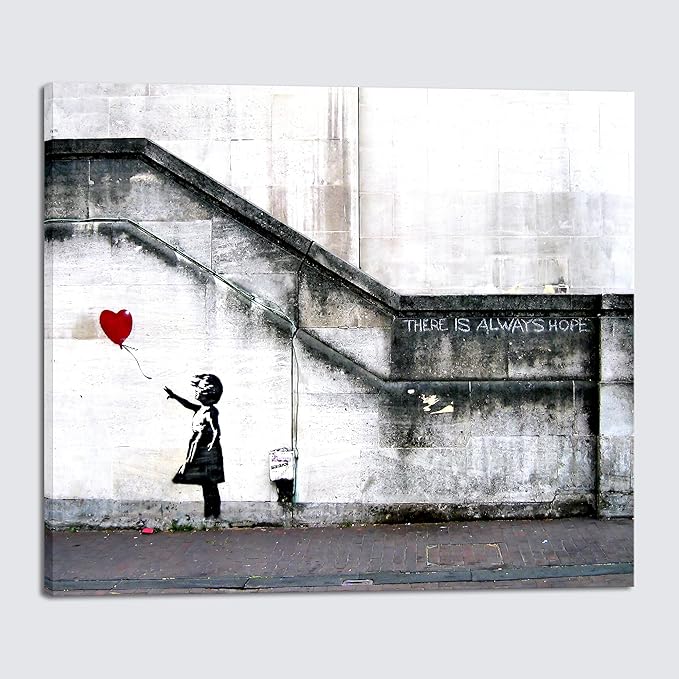 Wieco Art Banksy Grafitti Girl with Red Balloon Large Modern Gallery Wrapped Giclee Canvas Prints Artwork Grey Love Pictures Paintings on Canvas Wall Art for Living Room Bedroom Home Decorations