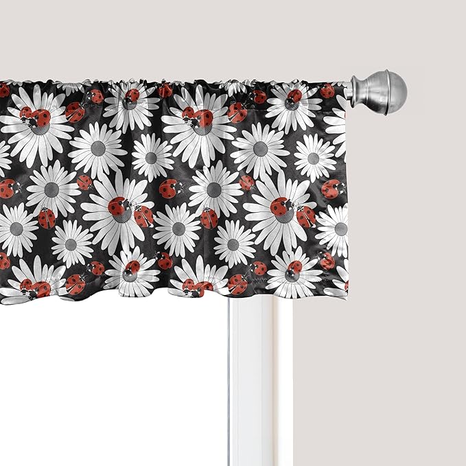 Ambesonne Ladybug Window Valance Pack of 2, Insects Chamomile Bouquets Spring Inspired Flourishing Revival Theme, Rod Pocket Curtain Valances for Kitchen Bedroom, 42" X 18", Dark Coral Black Grey