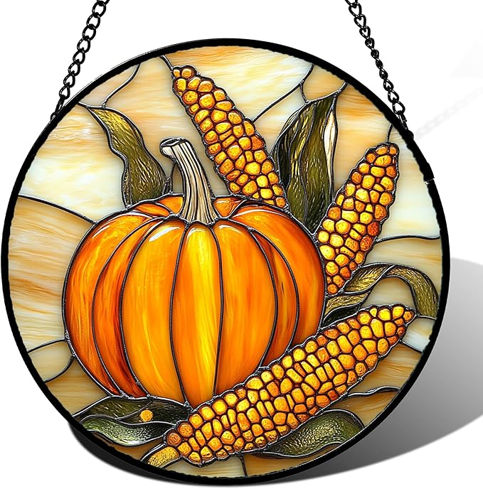 Stained Glass Window Hanging Autumn Harvest Pumpkin Corn Large 11.8" - Suncatcher Door Garden Kitchen Sunroom Sun Catcher Fall Home Decor Birthday for Mom Grandma Men Woman
