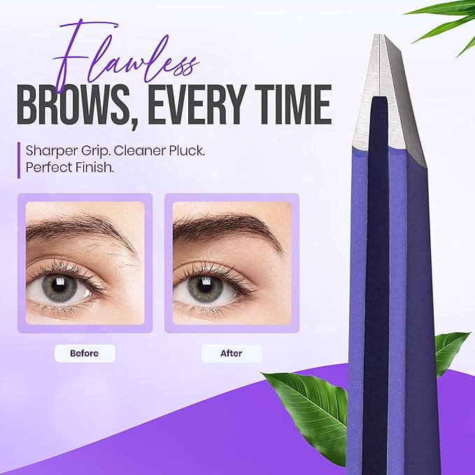 Slanted Stainless Steel Tweezers for Men & Women - Precision Eyebrow Tweezers for Facial Hairs, Strong Grip, Fine Tip, Professional Tweezer for Plucking & Grooming (Purple)