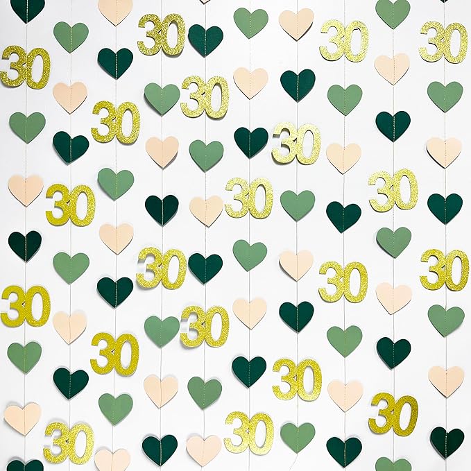 Sage Green Gold 30th Birthday Decorations Sage Green Gold Heart Garland Streamer Banner Backdrop for Women Happy 30th Birthday Dirty Thirty Cheers to 30 Years Old Fabulous Anniversary Party Supplies