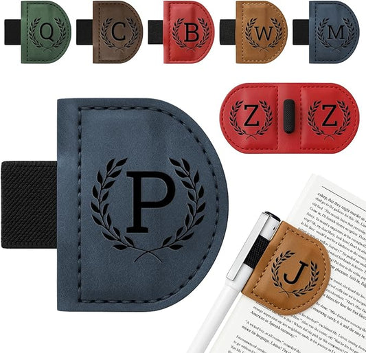 Personalized Bygone Mark Bookmark with Pen Holder,Engraving Leather Magnetic Bookmarks Vintage 26 Letters Name Initials Text Book Marker Clips Gifts for Reading Book Lovers Women (Blue, P)