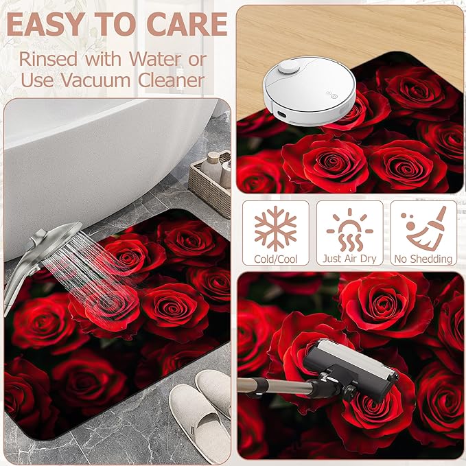 Non Slip Bath Mat,Red Roses Bathroom Decor,Floral Diatomaceous Bath Mat Quick Dry Absorbent Bathroom Rugs-Shower Rug for Kitchen Laundry Bathtub Shower 17"x29.5"