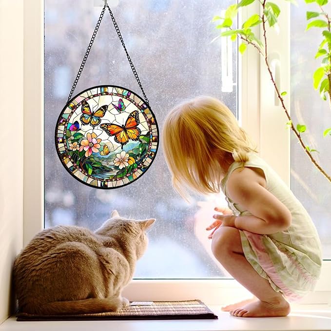 Stained Glass Window Hanging, Butterflies Flying in The Sky Suncatcher for Doors Home Sun Catchers Decoration and Christmas, Mother's Day Birthday Gifts for Women, Men, and Mom 7.8 in