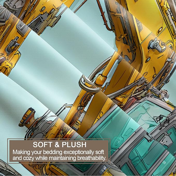 Yellow Excavator Bedding Set Full Size Engineering Vehicle Duvet Cover Construction Vehicle Comforter Cover Construction Machinery Bedding Set Soft Microfiber for Bedroom