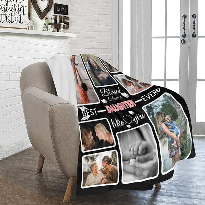 Custom Blanket Gifts for Daughter, Customized Blankets with Photos, Make a Personalized Bed Throws to My Daughter, Custom Souvenir Throw Blanket for Best Daughter Ever, 8 Collages Made in USA