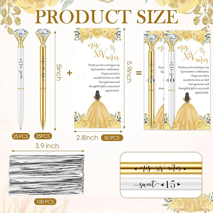 50 Set Quinceanera Party Favors for Guest Sweet 15 Diamond Pens Bulk Mis XV Años Fancy Ballpoint Pen with Thank You Cards and Ties 15th Birthday Thank You Gifts(White, Gold)