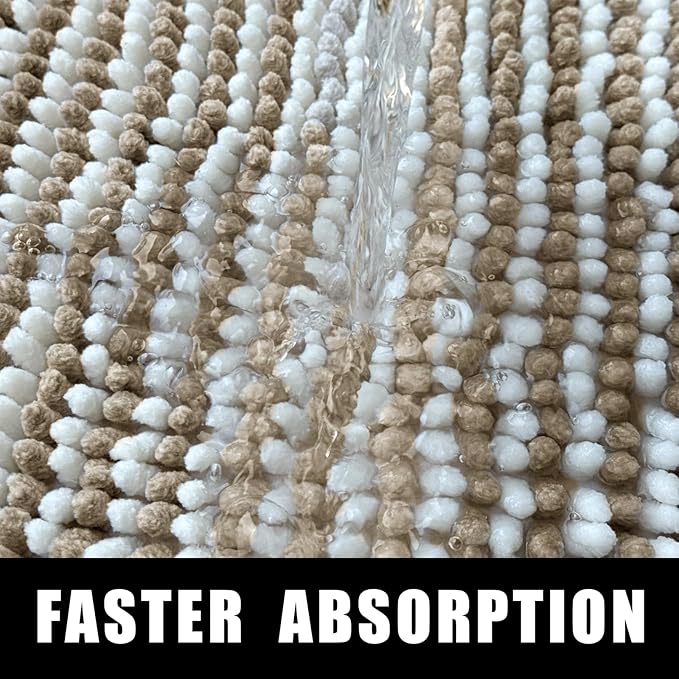 HDFK Bath Mat & Bathroom Rug - Extended Chenille Soft, Machine Washable Non-Slip Shower Carpet Absorbent with Hot Melt Adhesive Base, Slim Fit Striped for Bathtub Floors (47x20 Inch, Tan & White)