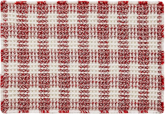 Waffle Bath Mat, Boho Christmas Bathroom Rugs Non Slip Washable Absorbent Checkered Bathroom Mat Quick Dry Cute Bath Mat, 36"x24" Red and White