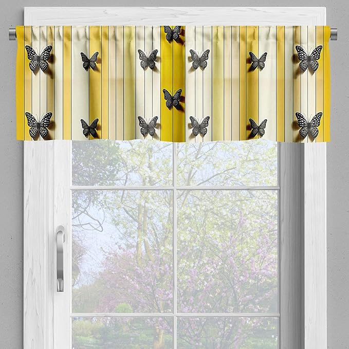Ambesonne Butterfly Window Valance Pack of 2, Summer Tone Lines Wingy Animals with Faded Effect Print Country Vibe, Rod Pocket Curtain Valances Kitchen Bedroom, 42" X 12",Yellow Reseda Green Beige