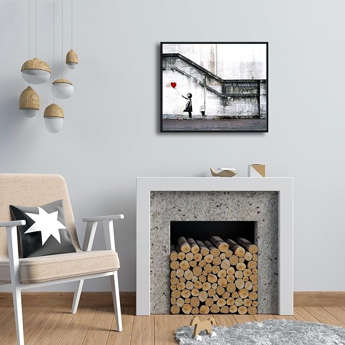 Wieco Art Framed Canvas Wall Art Giclee Canvas Prints of Banksy Grafitti Girl with Red Balloon Abstract Artwork for Wall Decor Home Decorations Black Frame