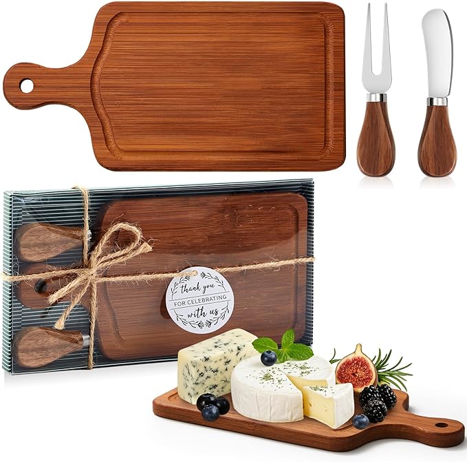 1 Set Bridal Baby Shower Cheese Prizes Wooden Square Board Gift Set Knives Forks Thank You Tags with Box for Guests for Valentines Bridal Baby Shower Housewarming (Carbonized Bamboo)