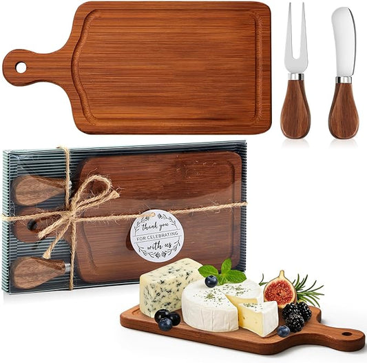 1 Set Bridal Baby Shower Cheese Prizes Wooden Square Board Gift Set Knives Forks Thank You Tags with Box for Guests for Valentines Bridal Baby Shower Housewarming (Carbonized Bamboo)