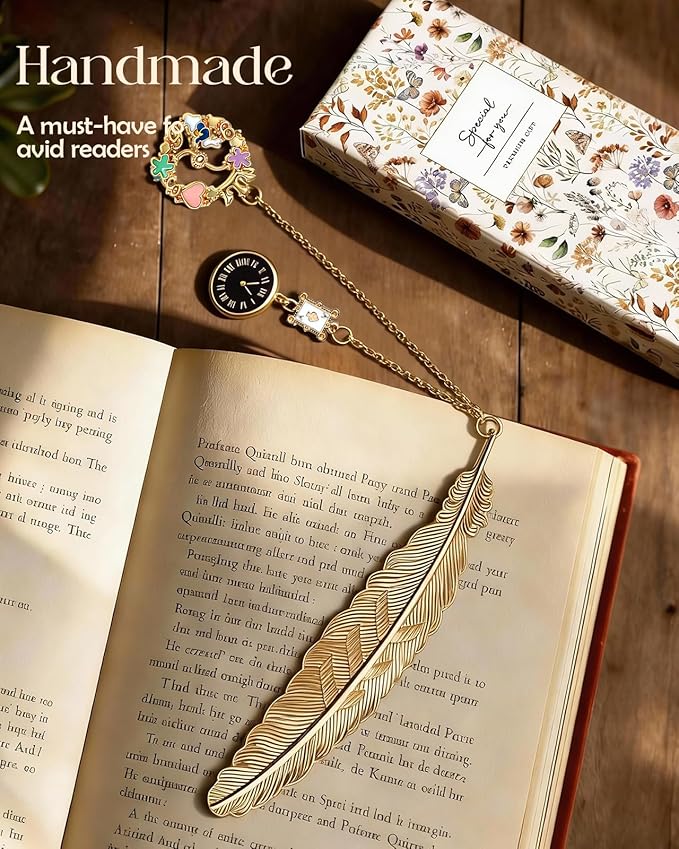 Buleens Bookmarks for Women Reading - Book Marks for Readers Book Lovers, Cute Gold Feather Luxury Fairy Personalized Metal Bookmark with Pendants, Pretty and Aesthetic Book Accessories Reading Gifts