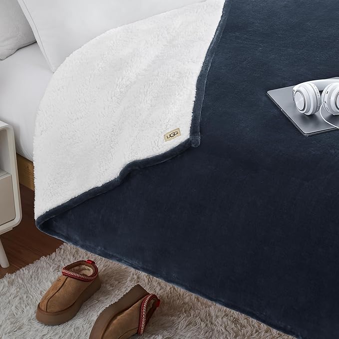 UGG Nita Twin/Twin XL Blanket Fleece Fluffy Soft Fuzzy Bedding Cozy Big Plush Warm Big Throw Blankets for Couch, Machine Washable, 60-inch x 90-inch, Navy Blue