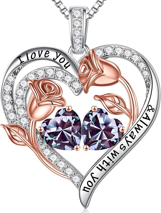 Iefil Valentines Day Gifts for Her - 925 Sterling Silver Rose Heart Birthstone Necklace Birthday Anniversary Jewelry Gifts for Her Wife Mom Daughter
