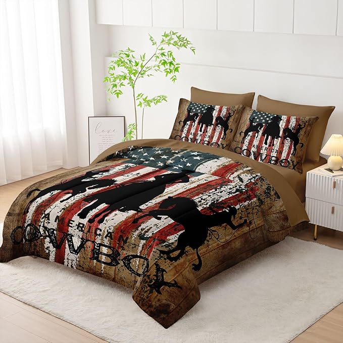 7Pcs Western Cowboy Comforter Set American Flag Printed Bedding Set with 1 Comforter, 1 Flat Sheet, 1 Fitted Sheet and 4 Pillowcases for Bedroom All Season(Cowboy Queen)