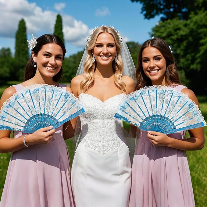 QIRMIZI 30pcs Silk Folding Hand Fans,Silk Fans,Light Blue Rose Fans,Perfect for Weddings, Parties, and Dancing,Light Blue