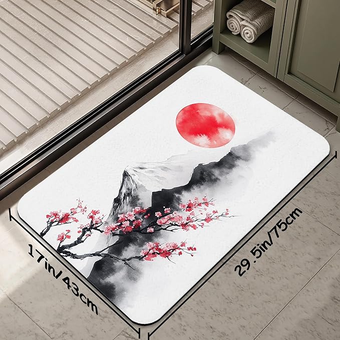 Japan Fuji Mountain Bath Mat 29.5"x17", Cherry Slim Low-Profile Fast Drying Super Absorbent Bathroom Rug with Non-Slip Backing, Easy-Clean Modern Floor Mat for Tub, Shower, or Entryway