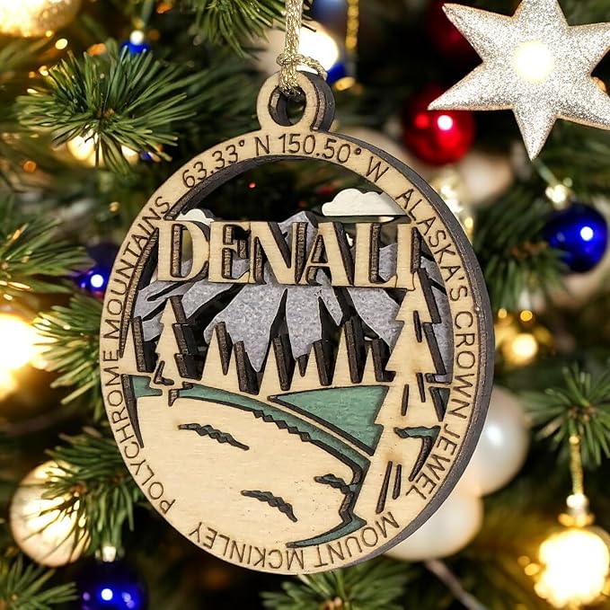 Denali National Park 3" Wood Ornament - Alaska's Crown Jewel Christmas Decoration, Handcrafted 2-Layer Laser Cut Design