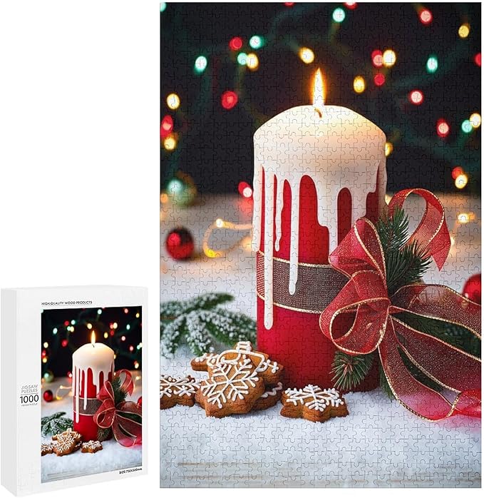 Merry Christmas, Christmas Candles Wooden Puzzle 1000 Pieces Jigsaw Puzzles for Adults Puzzle Educational Toys Challenging Fun Games Gifts for Elders Kids Family and Friends
