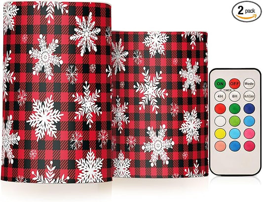 ALAZA Christmas Snowflakes Red Black Buffalo Plaid Flickering Flameless Candles Battery Operated with Remote Timer,Tea Light Candles LED Pillar Votive Candles Set of 2 for Outdoor Indoor Decorations