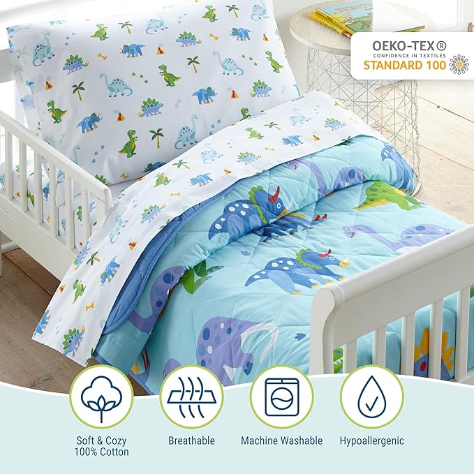 Wildkin 4-Piece Toddler Bed in a Bag – Cotton Comforter, Sheets & Pillowcase for Cozy Cuddles - Dinosaur Land