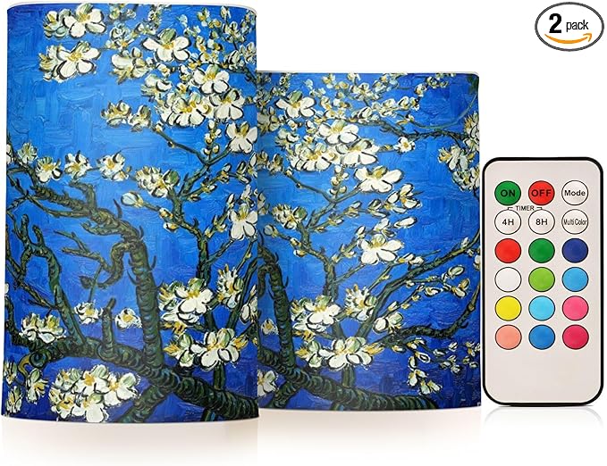 Van Gogh Almond Blossom Flickering Flameless Candles Battery Operated with Remote Timer,Tea Light Candles LED Pillar Votive Candles Set of 2 for Outdoor Indoor Decorations