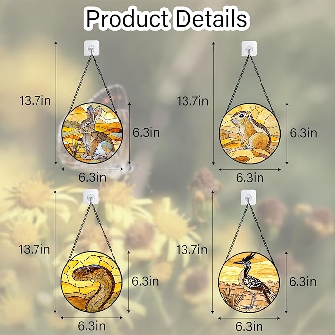 Stained Glass Window Hanging 4 Pcs Set Animals 6.3" - Desert Landscape Yellow Suncatcher Door Garden Sun Catcher Decor Birthday Christmas for Mom Woman Nana Men