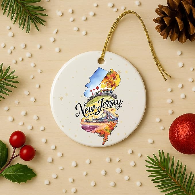 USA State Landmark Ceramic Ornament – Round Glossy Christmas Decoration Featuring U.S. State Art, Landmarks & Holiday Scenery – Collectible Travel Souvenir Ornament Series (New Jersey)