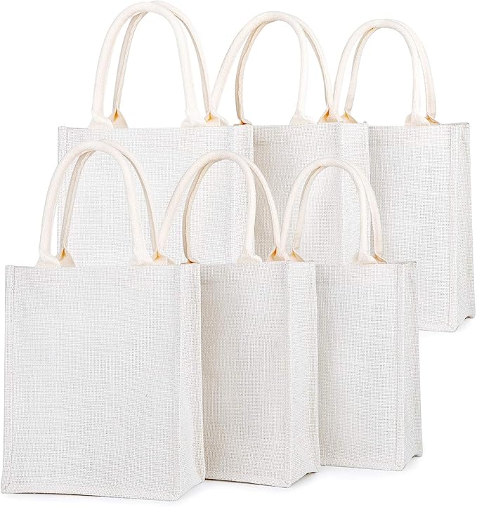 Segarty Tote Bags, 6 Pack Small White Burlap Jute Reusable Canvas Gift Favors Bag with Handles Blank Tote Bulk for Bridesmaid Wedding, Women Market Grocery Shopping, Bachelorette Party, Beach Trip