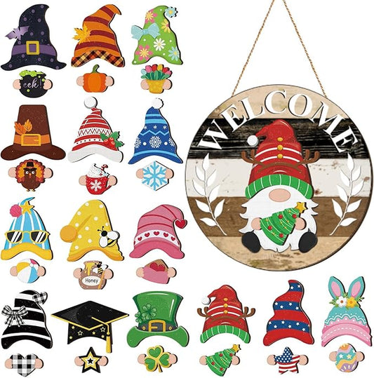 Qunclay Interchangeable Wooden Gnome Decor Holiday Seasonal Gnome Decorations with Magnet Pieces and Detachable Hats Changeable Welcome Sign for Home(Black White Grey)