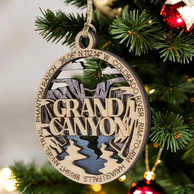 Grand Canyon National Park Handcrafted Christmas Ornament - 3" Wood Laser Cut Souvenir with Colorado River Scene - Made in USA
