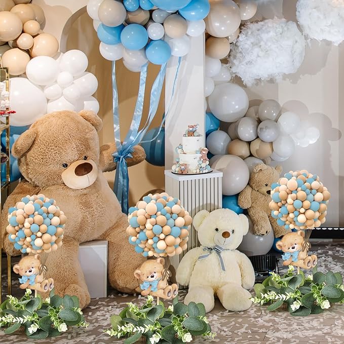 12 Set Blue Baby Shower Table Centerpieces Decortion Blue Bear with Eucalyptus Wreath Wood Slices Welcome Baby Table Topper for Gender Reveal It's A Boy Party Favors