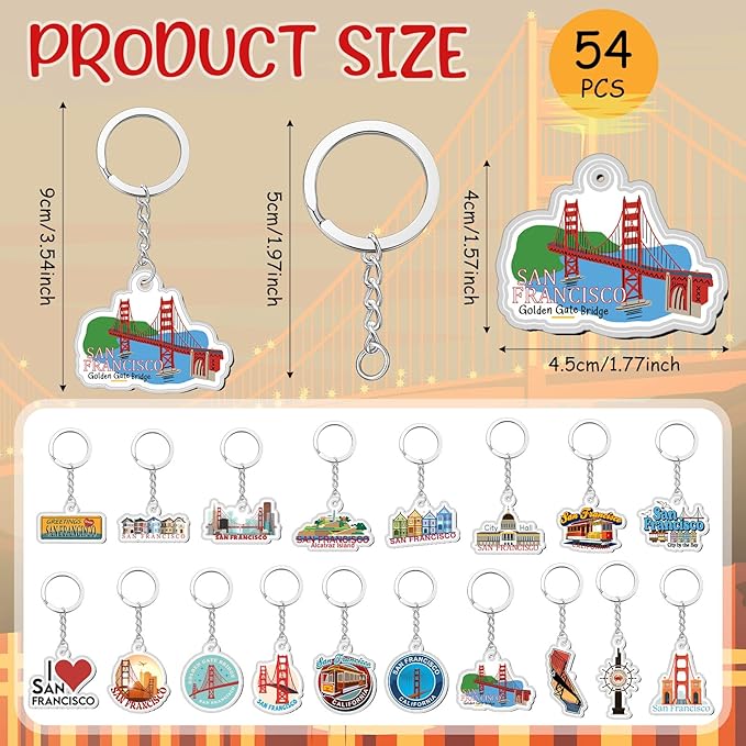 Landical 18/54Pcs Acrylic US Keychain Bulk USA City States Key Ring Florida California Chicago San Francisco Gift Souvenir